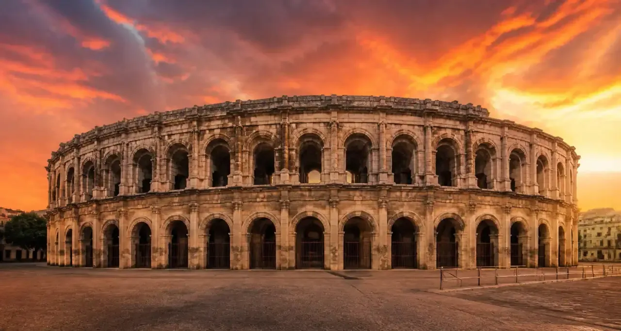 Arènes romaines de Nîmes au coucher du soleil