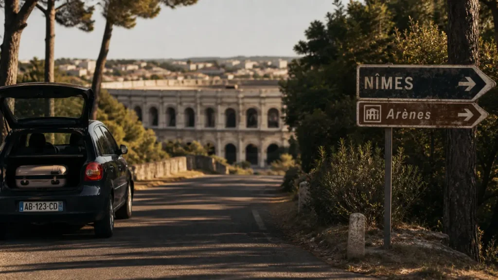 Camping arènes de nîmes, route vers Nîmes et Arènes