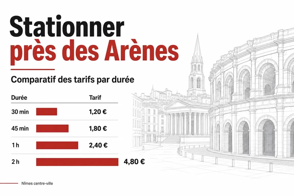 Parking arènes nîmes prix : comparatif visuel des tarifs selon la durée et la proximité des Arènes