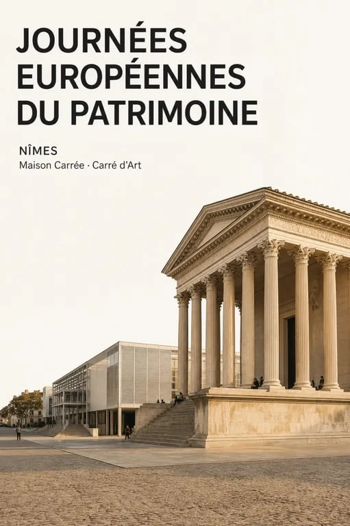 Journée du patrimoine nîmes : vue de la Maison Carrée et du Carré d’Art avec visiteurs