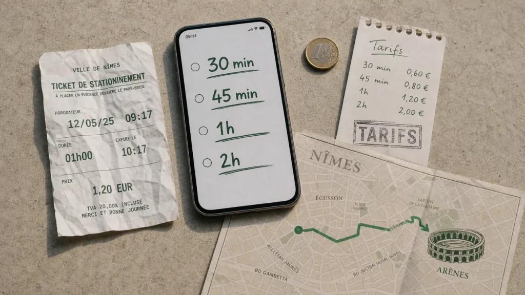 Parking Arènes Nîmes prix : 30 min gratuites, 2h à 6€