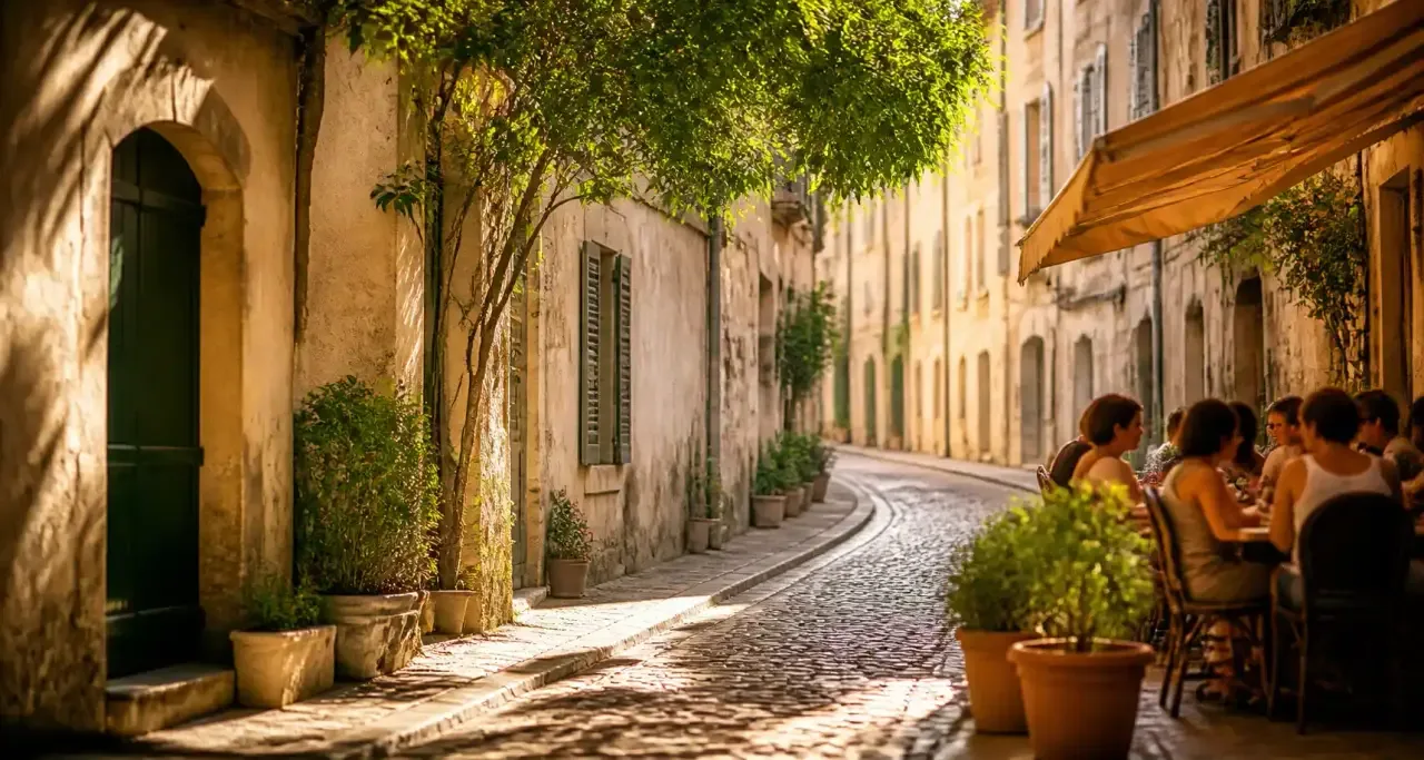 Ruelle historique du centre-ville de Nîmes avec un café en terrasse