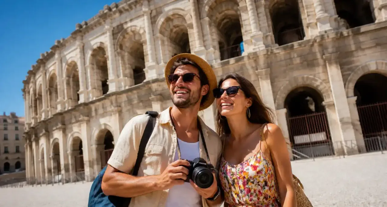Visiteurs devant les monuments romains de Nîmes