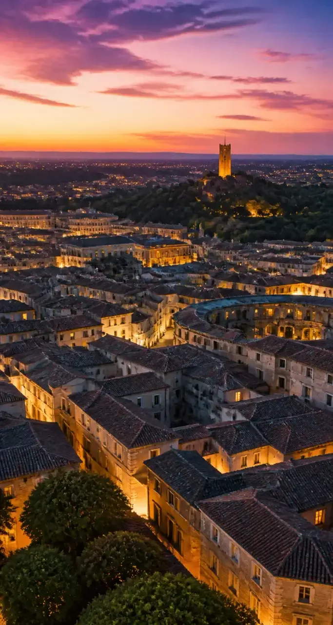 Vue aérienne des toits de Nîmes et de la Tour Magne au crépuscule