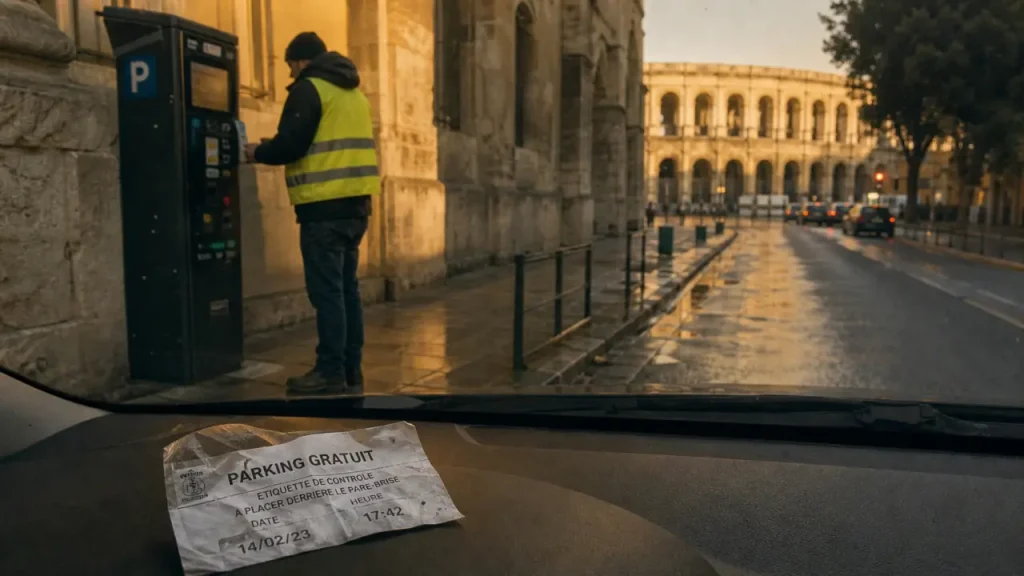 Arènes Nîmes parking gratuit : automobiliste vérifie un parcmètre près des Arènes