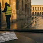 Arènes Nîmes parking gratuit : automobiliste vérifie un parcmètre près des Arènes