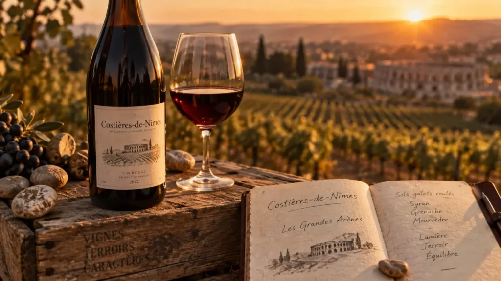 costières de nîmes les grandes arènes, vin rouge, golden hour