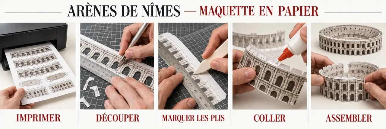 Étapes de montage d'une maquette arènes de Nîmes en papier