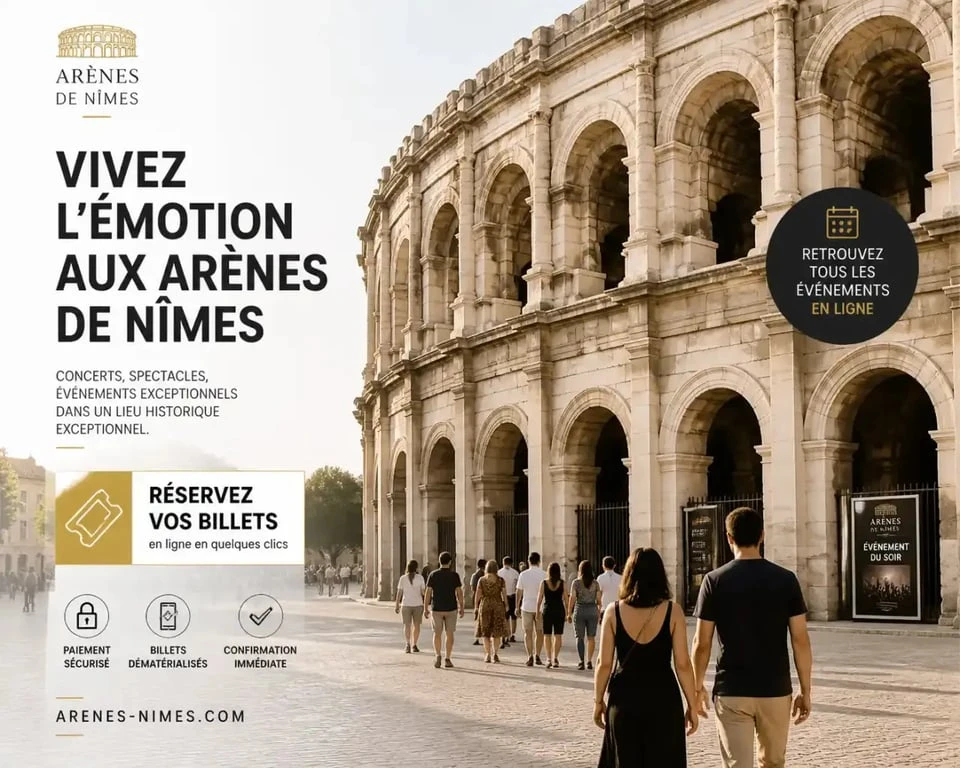 Billetterie des Arènes de Nîmes et vue extérieure du monument antique