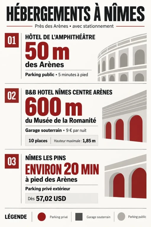 Infographie des hôtels à Nîmes près des Arènes avec parking et distances à pied