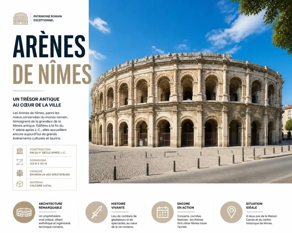 Vue extérieure des Arènes de Nîmes, lieu idéal pour acheter vos billets pour les spectacles et concerts.