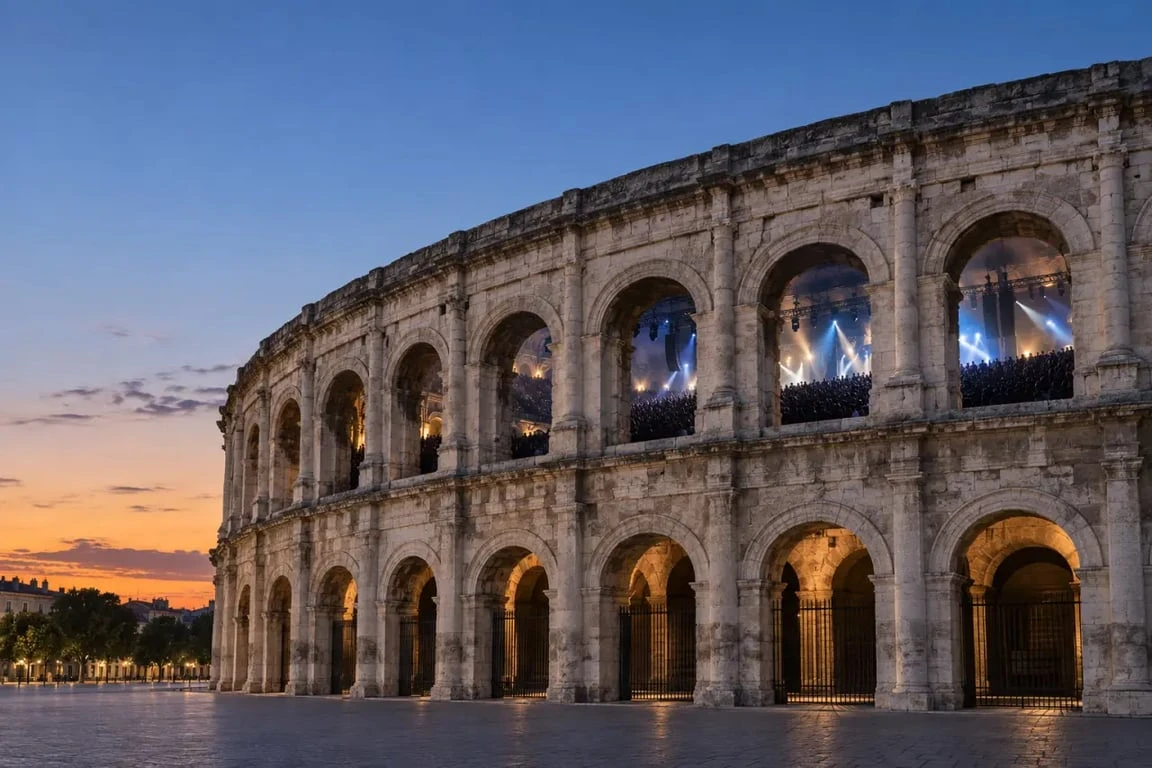 Arènes de Nîmes concert dans un amphithéâtre romain au crépuscule
