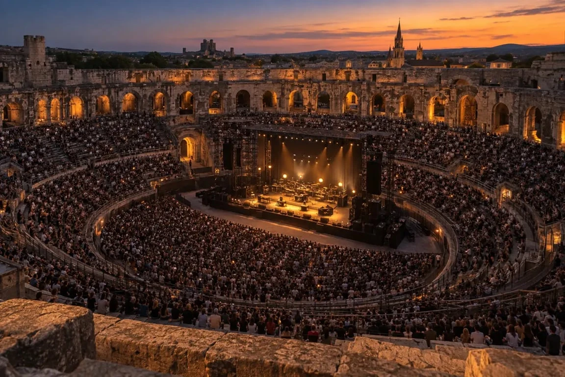 Programmation des Arènes de Nîmes dans l’amphithéâtre romain illuminé pendant un concert