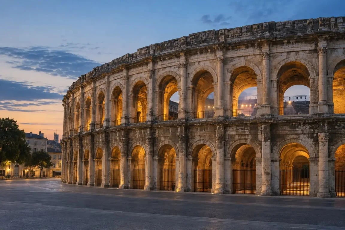 Programme des Arènes de Nîmes dans l’amphithéâtre romain illuminé au crépuscule