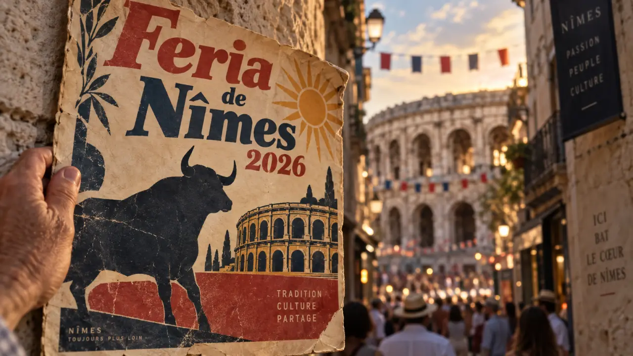 Affiche Feria de Nîmes 2026 devant les arènes de Nîmes