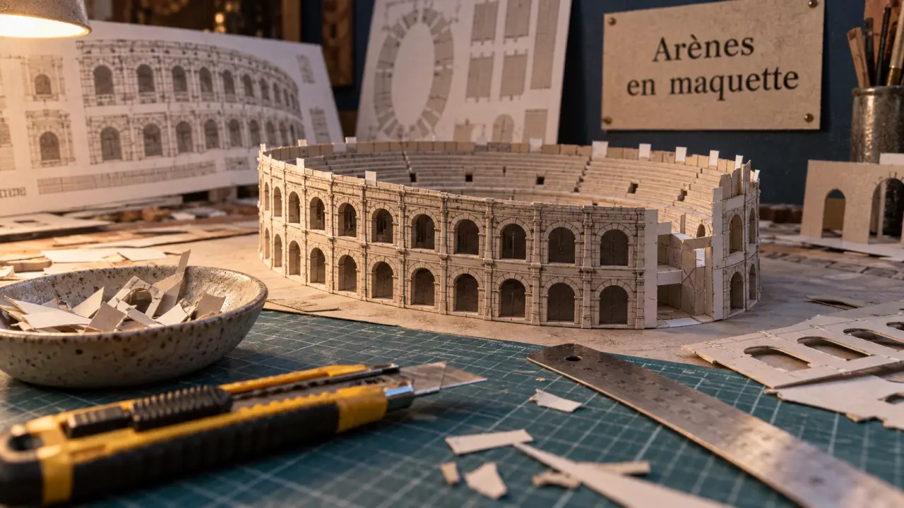 Maquette arènes de Nîmes en papier en cours d’assemblage sur établi