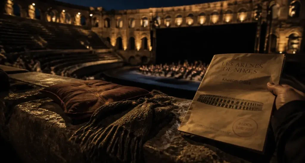 Meilleures places arènes de Nîmes : vue depuis les gradins vers la scène
