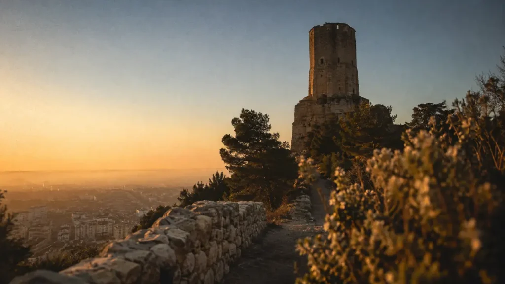 Tour magne nimes au lever du soleil, vue depuis le Mont Cavalier