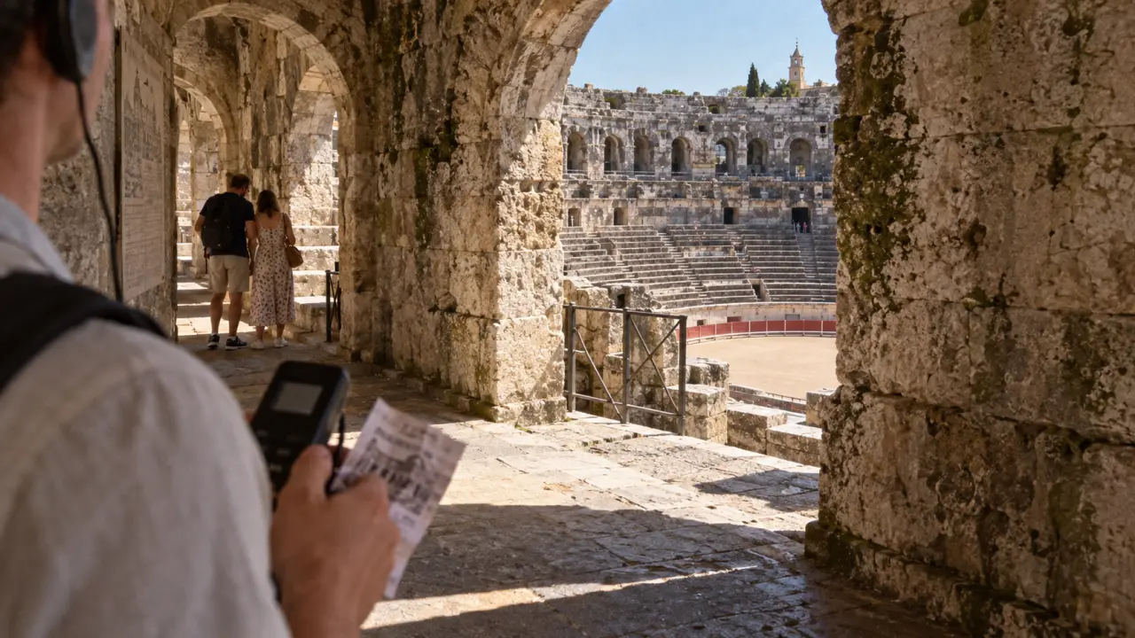 Arènes de Nîmes durée visite : touriste avec audioguide dans l’amphithéâtre