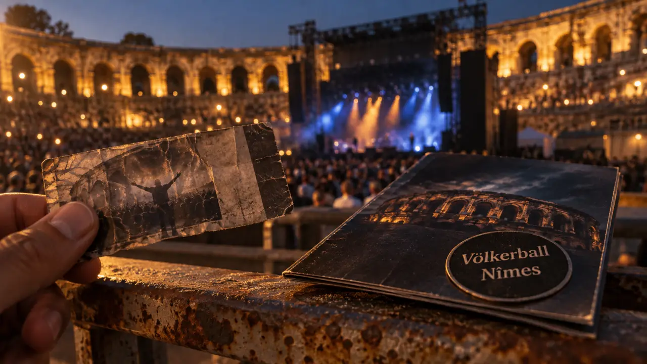 arènes de nîmes rammstein : ticket froissé et arènes au golden hour