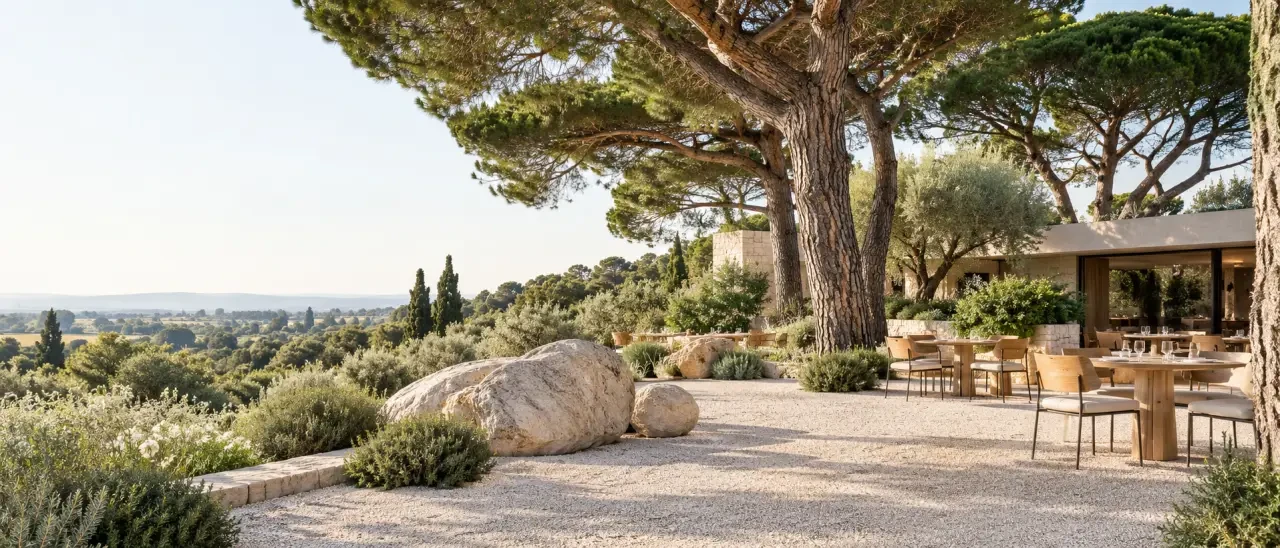 Restaurant 2 étoiles Nîmes : jardin du Restaurant Alexandre à Garons