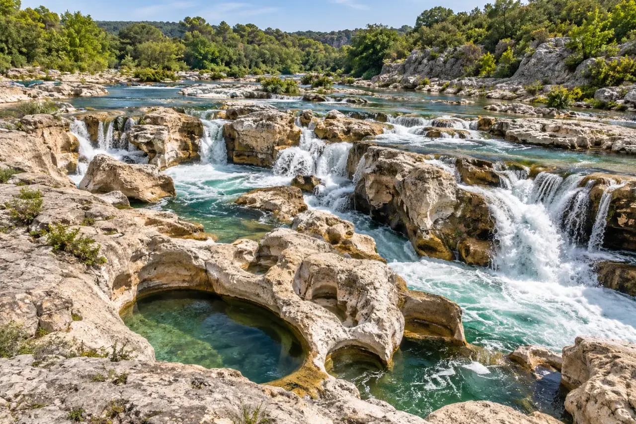 Cascade du Sautadet randonnée, vue des cascades calcaires de la Cèze à La Roque-sur-Cèze