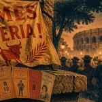 Feria de Nîmes 2024 : arènes et Esplanade au crépuscule, affiche vintage
