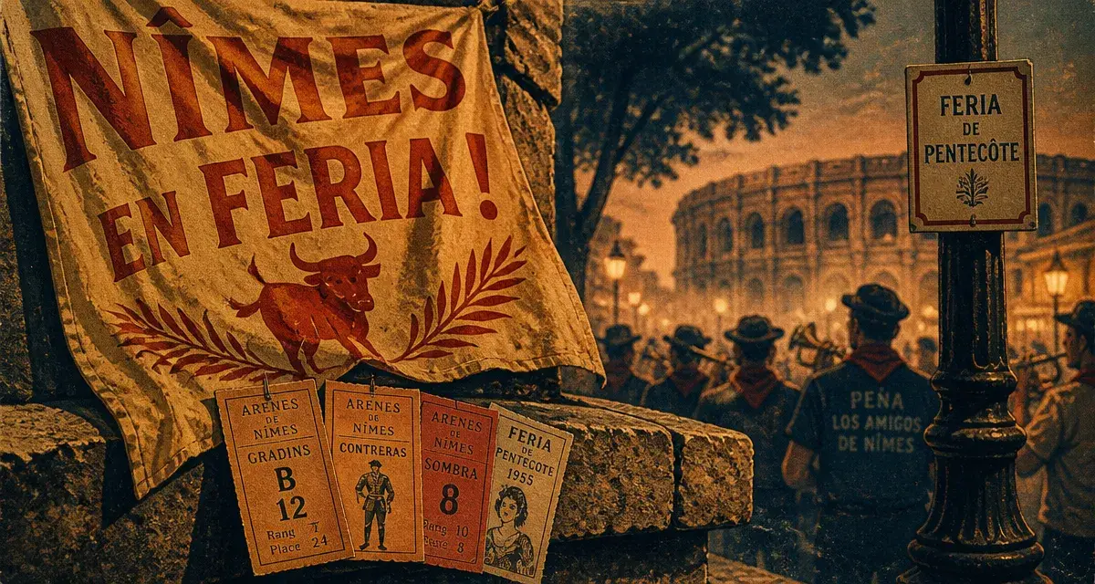 Feria de Nîmes 2024 : arènes et Esplanade au crépuscule, affiche vintage
