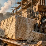 Matériaux de construction des arènes de Nîmes : bloc calcaire beige et levage