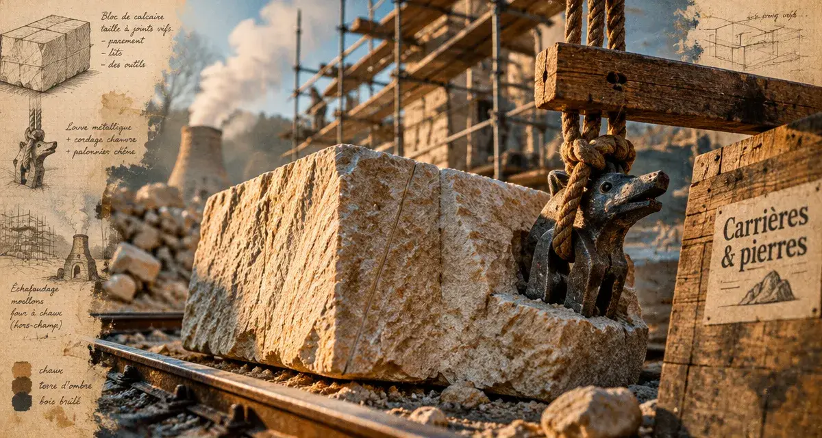 Matériaux de construction des arènes de Nîmes : bloc calcaire beige et levage
